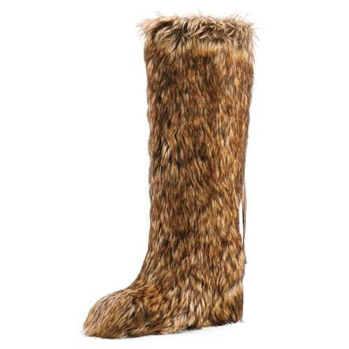 UBWDU Brown Faux Fur Boots for Women Knee High Furry Snow Boots Warm Fluffy Fuzzy Winte Long Boot 8.5