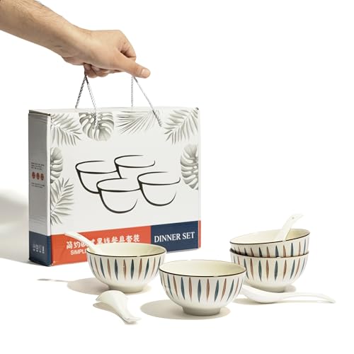 Image of Beyond Homes Set of 4 Soup Bowl with Spoon | Ceramic Microwave & Dishwasher Safe Bowls for Serving Soup, Curry, Custard, & Dessert | Bowl Set for Gifting & Daily Use (Teardrop)