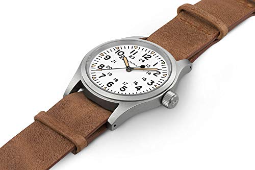 Hamilton Watch Mens Watch Khaki Field Mechanical | Swiss Made | 38mm Stainless Steel Case | White Dial Analog Watch | Brown Leather NATO Strap (Model: H69439511), White, Mechanical