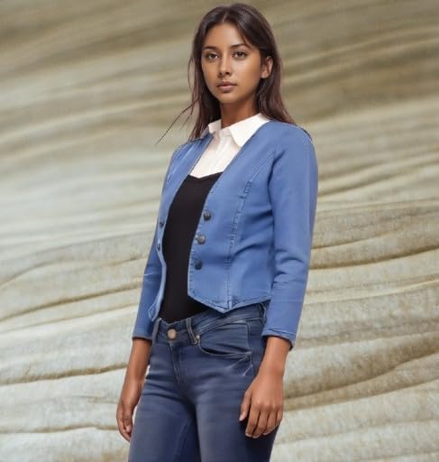 Image of Women's Blue Denim Jacket, 3 /4 Sleeve, Button Front, Cropped Fit, Casual Blazer Style