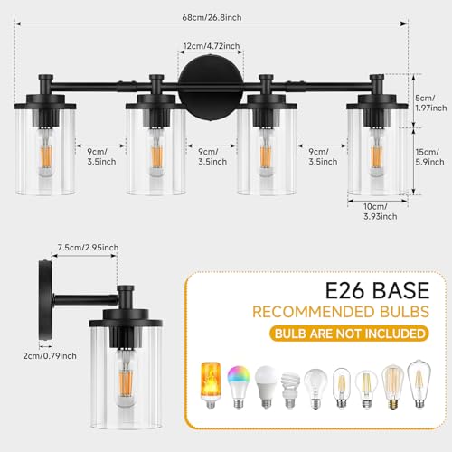 Image of Bathroom Light Fixtures Black Vanity Lights 4-Light Bathroom Vanity Light 30 Inches Vanity Lighting for Bathroom Wall Lamp for Mirror Farmhouse Vanity Lighting Fixtures for Hallway Wall