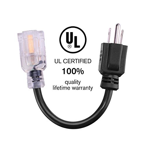 [Ul Listed] Miady Short Power Extension Cord Outlet Saver, Female Plug With Lighted End 16Awg/13A, 3 Prong (4 Pack, Black, 8 Inch) #TOP1