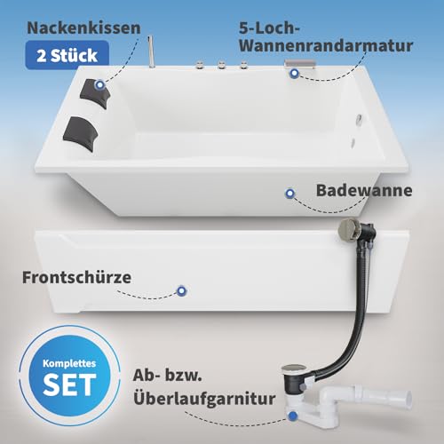 Aquade Acryl Badewanne 180x120 Modell: Hamburg - Weiß Badewanne Komplettset 180x120 - Badewannen Mit Wannenträger + Schürze + Wannenrandarmatur + Nackenkissen + Led – Bild 4