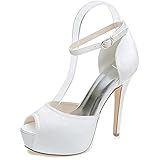 DANOBAB Zapatos de Boda para Novias, Mujeres de tacón bajo de satén con Plataforma Gruesa Zapatos de Novia de satén con Hebilla de tacón Alto para Damas/otoño,Blanca,40