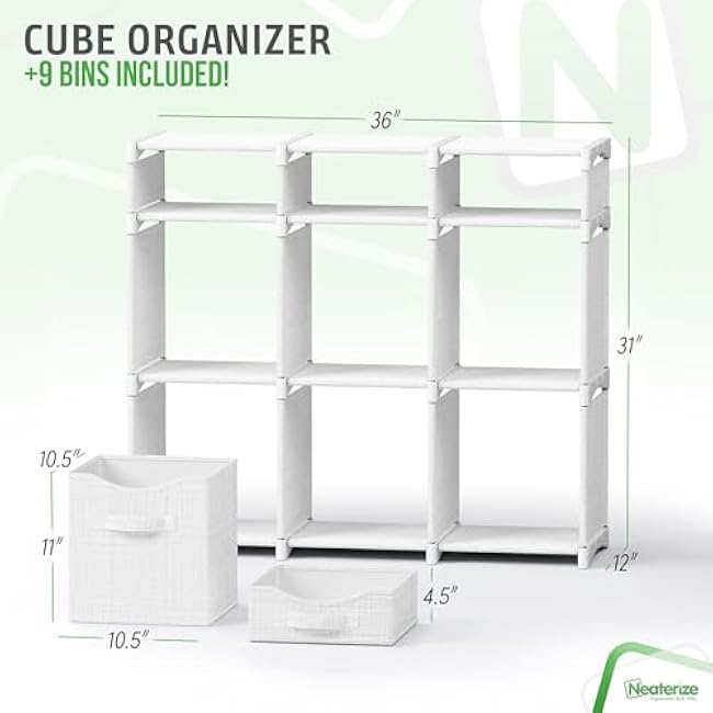 9 Cube Closet Organizers And Storage | Includes All Storage Cube Bins | Easy To Assemble Closet Storage Unit With Drawers | Room Organizer For Clothes, Baby Closet Bedroom, Playroom, Dorm (White Grey)