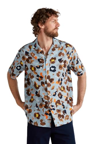 Camicia manica corta misto lino Collo bowling Fantasia stampata all-over Bottoni in finta madreperla