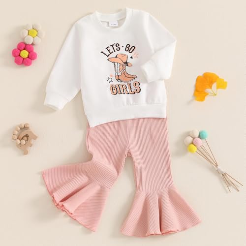 Toddler Baby Girls Fall Clothes Western Cowgirl Outfit Let's Go Girls Sweatshirt and Ribbed Flare Pants Set3
