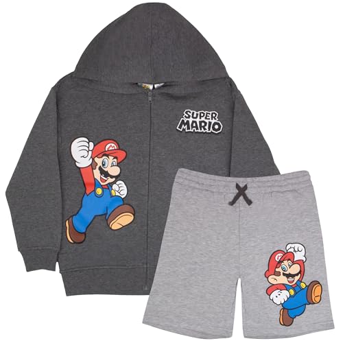 Image of Nintendo Super Mario, Bowser, Mario Kart Boys Zip-Up Hoodie and Shorts 2-Piece Set - Graphic Sweatshirt and Shorts for Kids