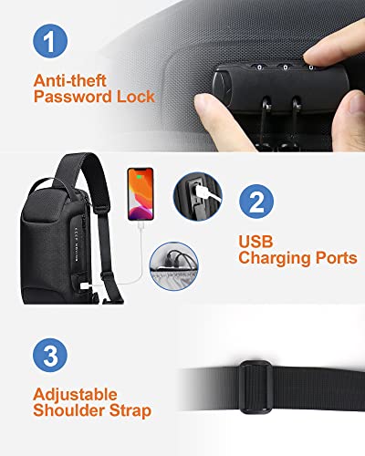 Lily Parker Sling Bag Backpack Mens Cross Body Waterproof Anti-Theft Shoulder Daypack with USB Charging Port Fit 7.9" iPad, Black, Small2