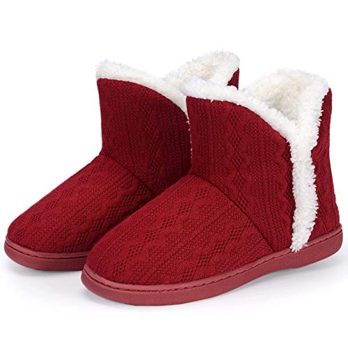 Best Tall Slipper Boots with Supportive Soles for Ultimate Comfort 15 TUOBUQU Slipper Boots Women Winter Warm Fuzzy House Knit Bootie Slippers Ladies with Hard Sole for Indoor Red M 7-8