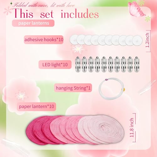 Image of Pink Chinese Paper Lanterns with LED Lights, 10-Pack 12inch | Hanging Lights for Wedding & Bridal Shower, Birthday Party Decorations, Ceiling Decor, Home Party, Baby Shower