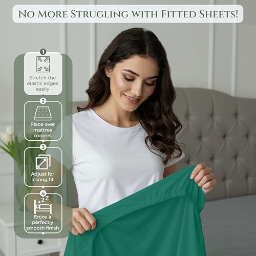 Image of Royale Linens 100% Organic Cotton King Fitted Sheet Only - Percale Weave - Soft Deep Pocket Bottom Sheets - Hunter Green Elastic Sheet - King Size Fitted Sheets Only - (78 inchx80 inch+15 inch, Hunter Green)