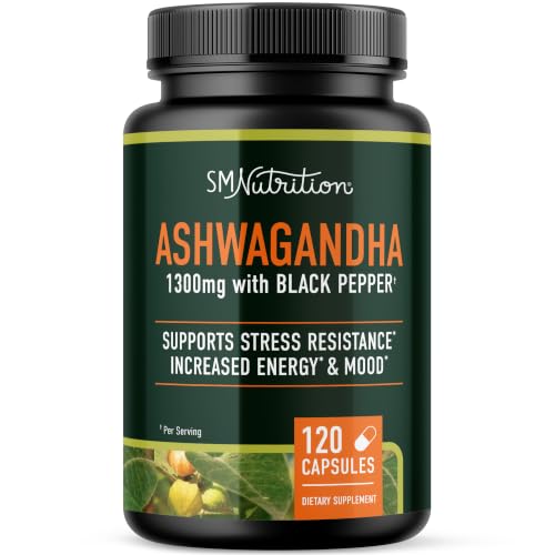 Ashwagandha Supplement 1300mg for Stress Resistance & Energy Boost | High Absorption Adaptogen from Root Powder with Black Pepper | Stress-Related Fatigue Support | Non-GMO | 120ct 2-Month Supply