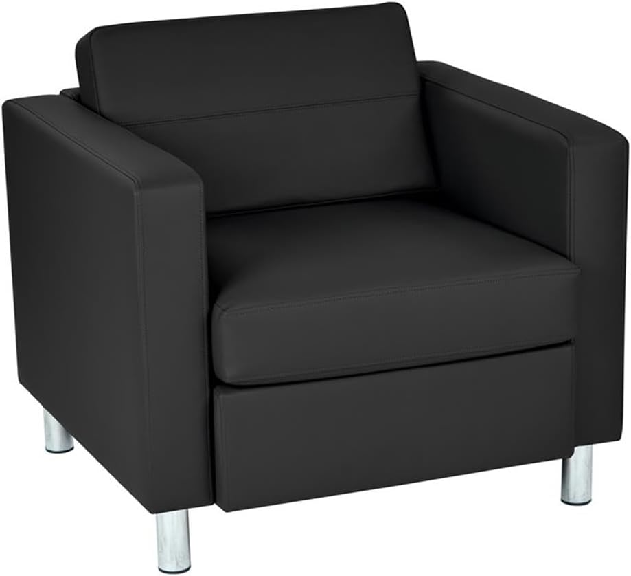 Pemberly Row Contemporary Faux Leather Armchair, Black Vinyl Upholstery, Box Spring Cushion Seat, Silver Finish Metal Legs, 32" W x 30.5" D x 29.5" H, Modern Guest Chair for Living Room or Office Use