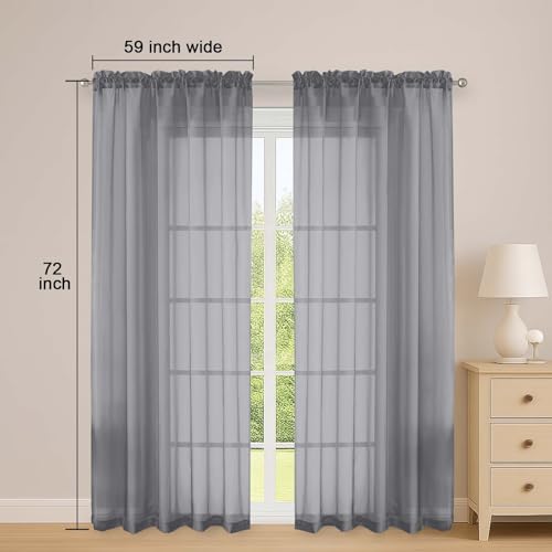Image of OWENIE Grey Sheer Curtains 72 Inches Long 2 Panels Set, Transparent Voile Sheer Curtain for Living Room Bedroom Window Sliding Glass Door Treatment, 59 x 72 Inch, Grey