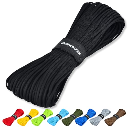 WEREWOLVES Paracord Rope, 7 Strand Type III Parachute Cord 4mm 100ft / 200ft for Crafting, DIY Projects, Survival Bracelets (Black, 100 ft)