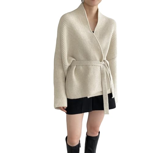 Women Belt Gathered Waist Knitting Sweater Coat, Casual Cardigan Sweaters for Women, wrap Cardigan