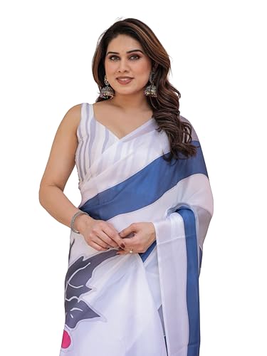 Image of ALMAARI FASHION Women's Floral Printed Georgette Satin Saree with Unstitched Blouse Piece | Traditional Ethnic Wear Sarees | Soft Lightweight Ethnic Office Wear Daily Wear Indian Sari (SG 181-190 SH)