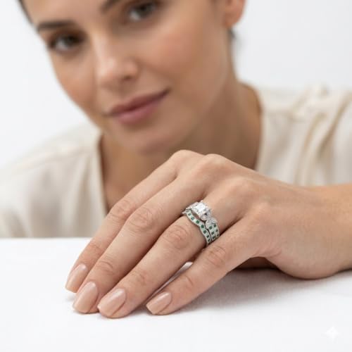 Image of Choose Your Gemstone Milgrain Petal Diamond CZ Wedding Ring Set 925 Sterling Silver Princess Shape Wedding Ring Sets Lightweight Office Wear Everyday Gift Jewelry US Size 4 to 12