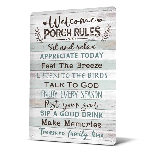 Heuhuww Welcome Porch Rules Tin Sign Vintage Patio Wall Art Outdoor Rustic Farmhouse Home Backyard Decor12 x 8(H20)