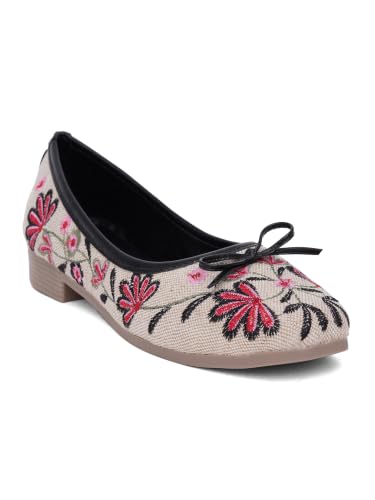 Image of TRYME Floral Embroidered Bow Ballerina Shoes for Women | Lightweight Slip-On Belly Flats | Soft Sole Comfortable Casual Footwear