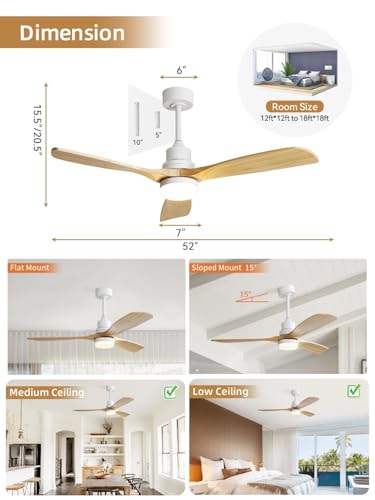 Image of Sofucor 52 Inch Wood Ceiling Fans with Lights and Remote, Modern, 3 Blade