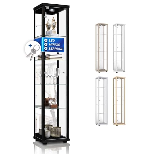 K-Möbel Armoire vitrine Verre(176x37x33cm) - Fabriqué en Allemagne - armoires vitrées de présentation Noir avec 4 étagères en Verre réglables, Miroir,...