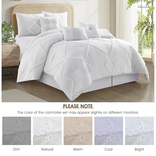 Image of LANCO MODERN LIFESTYLE 7 Pieces White Comforter Set, Queen Size, 3D Clip Jacquard Bedding Set for All Seasons, Ultra Soft and Fluffy, Matching Pilllow Shams, Bedskirt and Decor Pillows