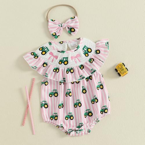 CIYCUIT Baby Girl Smocked Romper Bow Tractor Print Bodysuits Jumpsuits with Headband3