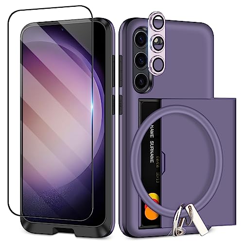 SAMONPOW for Samsung Galaxy S23 Case with Screen Protector + Camera Cover +Lanyard 5 in 1 Samsung Galaxy S23 Wallet Case with Card Holder Shockproof Phone Case for Samsung Galaxy S23 for Women Men