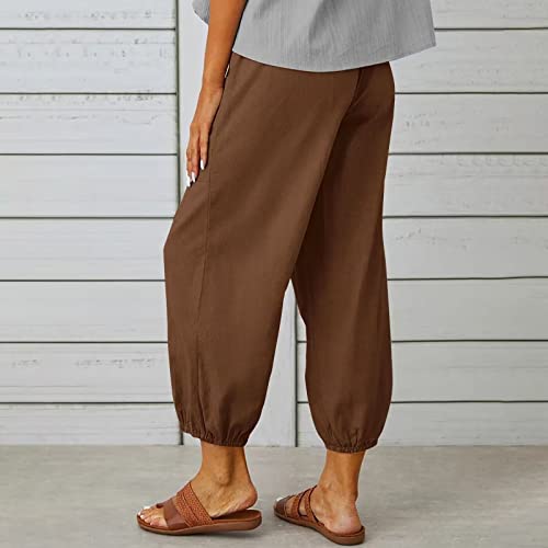 Women's Capri Pants High Waist Drawstring Cinch Bottom with Button Cotton Loose Casual Trouser with Pockets Brown L4