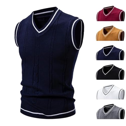 Men's V-Neck Sleeveless Sweater Matching Lined Vest Men's Top(Blue,X-Large)3