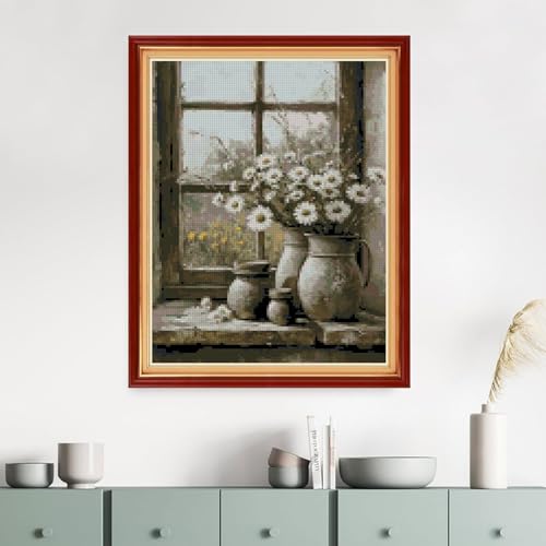 Image of MYBISYMQQ Windowsill Daisies Cross Stitch Kits for Adults Beginners - 11CT Stamped Vintage Floral Vase Embroidery Kit, DIY Pre-Printed Needlepoint Patterns for Home Wall Art Decor, 15.7x11.8 Inches