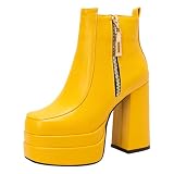 Bviennic Botines Mujer Tacón Ancho Con Plataforma Moda Punta Quadrada Zip Fiesta Botín 2785 Amarillo Talla 36.5 Eu/37Cn