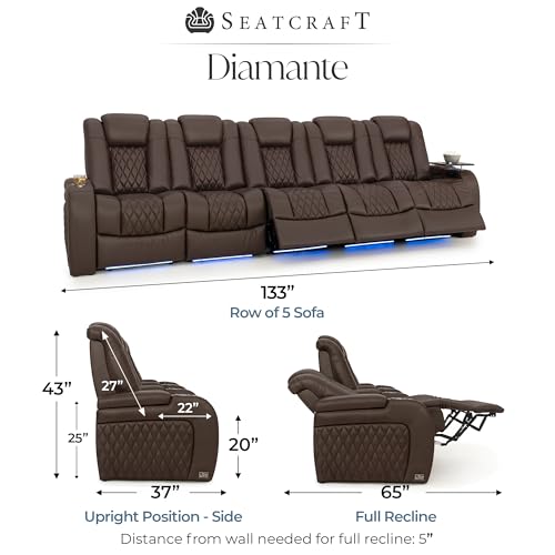 Image of Seatcraft Diamante Brown Italian Leather Home Theater Seating, Zero Gravity Power Recliner Gaming and Home Office Chair, Powered Headrest Lounge Sofa Furniture for Cinema Room, Row of 5 Middle Sofa
