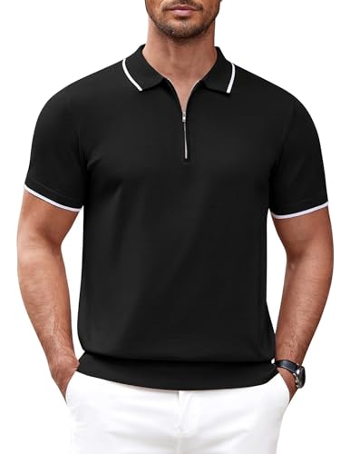 COOFANDY Men's Zipper Polo Shirt Casual Knit Short Sleeve Polo T Shirt Classic Fit Shirts