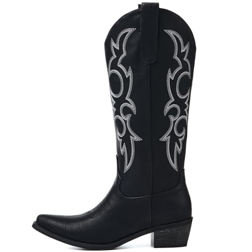 RURUNA Cowboy Boots for Women, Cowgirl Boots with Embroidered and Chunky Heel, Ideal for Daily Wear and Country Fashion, Classic Black 7 — view 6