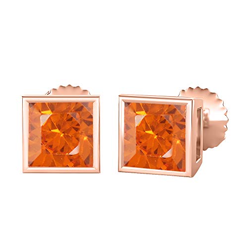 RUDRAFASHION Bezel Set Princess Cut Created Fire Opal (8MM) Solitaire Stud Earrings 14K Rose Gold Over Sterling Silver