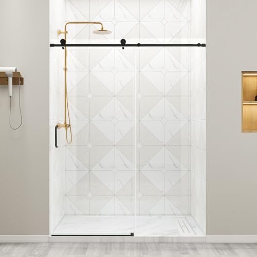 Image of Zevemomo Frameless Shower Door, 56 inch-60 inch W x 76 inch H Sliding Glass Shower Door, 1 /4 inch (6mm) Thick Tempered Clear Glass, Explosion-Proof Film Shower Doors, Black