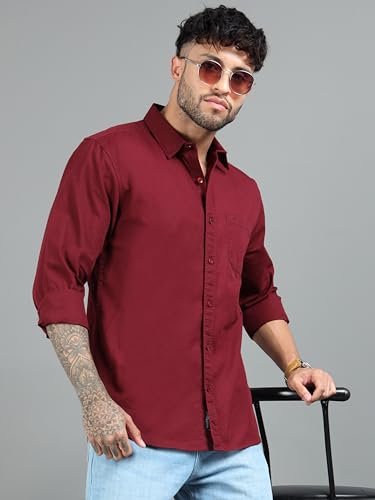 Image of Men Slim Fit Solid Spread Collar Casual Shirt