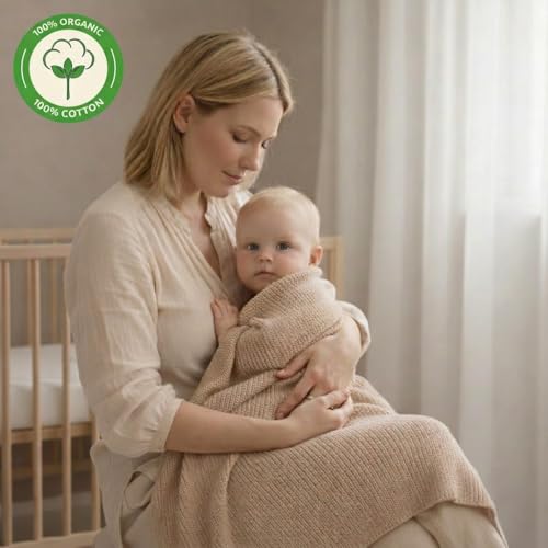 Image of 100% Organic Cotton Knit Receiving Baby Blanket for Newborns - Soft, Breathable Blanket for Crib & Stroller - Nursery Gift (Ultra Soft Fog)