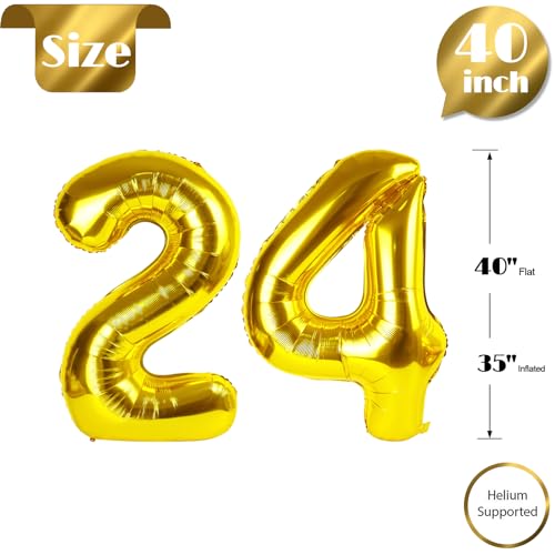 Image of Gold Number 24 Balloon 40 inch, 24 Number Balloons, 24th Gold Birthday Decorations, 24 Year Old Women Men Golden Party Supplies