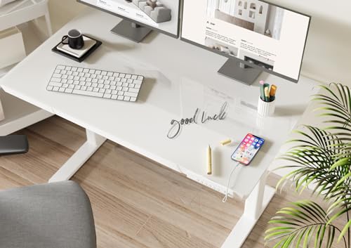 Image of Claiks Small Glass Standing Desk with Drawers & USB Ports 35x19 White