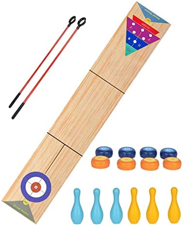 JstFrU Portable Indoor Shuffleboard Table Game, Curling Game and Bowling Game 3 in 1 Board Game Set,with 11.7 Foot Game Mat,2 Cues,8 Curling Rocks,6 Bowling Pins,Fun Family Game