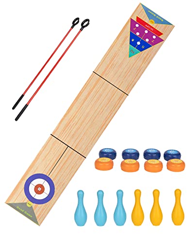 Jstfru Portable Indoor Shuffleboard Table Game, Curling Game And Bowling Game 3 In 1 Board Game Set,With 11.7 Foot Game Mat,2 Cues,8 Curling Rocks,6 Bowling Pins,Fun Family Game #TOP29