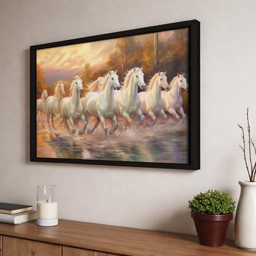 Image of PAINTINGMANTRA 7 White Running Horses Vastu Framed Wall Art | Symbol of Success, Harmony & Positive Energy | Premium Wall Decor for Living Room & Office, 14x18 Inch