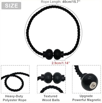 6 Pack Magnetic Curtain Tiebacks Modern Handmade Rope Curtain Tie Backs Decorative Drapes Weave Holdbacks for Home Outdoor Bedroom Office Decorative Curtain, Black