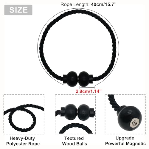 6 Pack Magnetic Curtain Tiebacks Modern Handmade Rope Curtain Tie Backs Decorative Drapes Weave Holdbacks for Home Outdoor Bedroom Office Decorative Curtain, Black