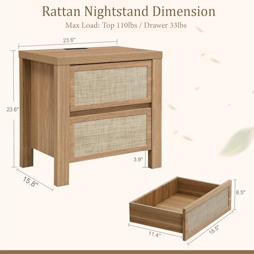 Image of Yechen Rattan Night Stand, Nightstand with Type-C Charging Station, Boho End Tables, Bed Side Tables, 23.6 inch D x 15.8 inch W x 23.6 inch H, 2 Drawers Nightstands for Small Space, Natural Walnut