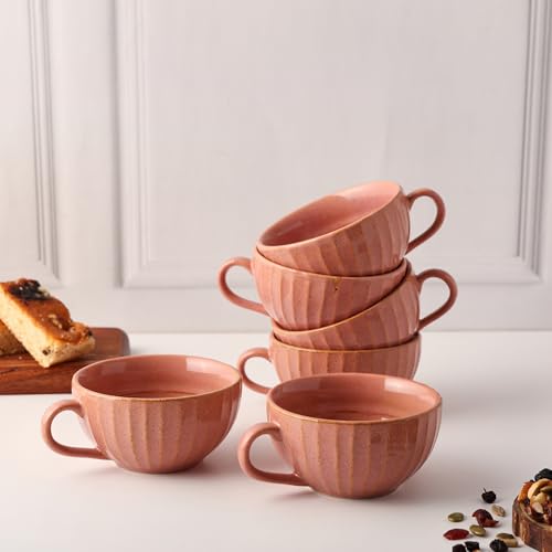 Image of Premium Pink Ceramic Tea Cup Set of 4 | Handmade Stoneware Coffee & Tea Mugs | 220 ml Each | Microwave, Dishwasher Safe | Textured Design | Chai Cups for Home, Office & Gifting